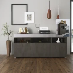 Credenza Nero Antracite Grigio Cemento 3 Ripiani 6 Vani 180x41x80h cm, 3 Ante - Fanna