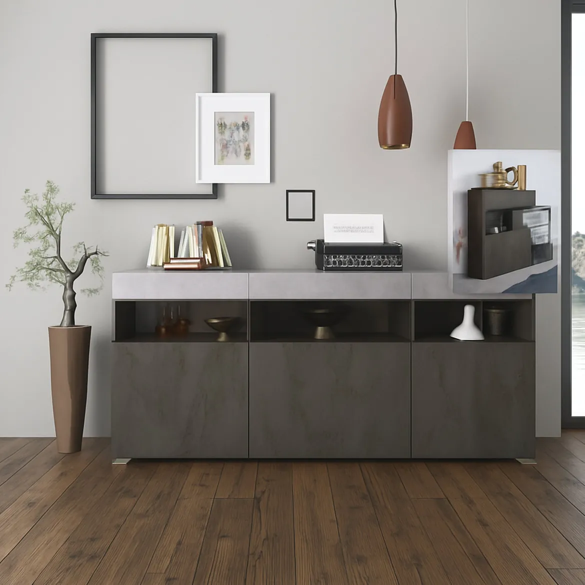 Credenza Nero Antracite Grigio Cemento 3 Ripiani 6 Vani 180x41x80h cm, 3 Ante - Fanna