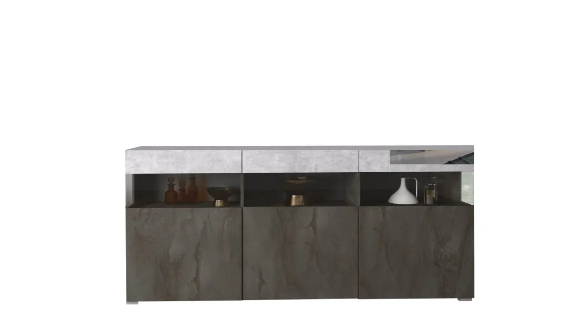 Credenza Nero Antracite Grigio Cemento 3 Ripiani 6 Vani 180x41x80h cm, 3 Ante - Fanna