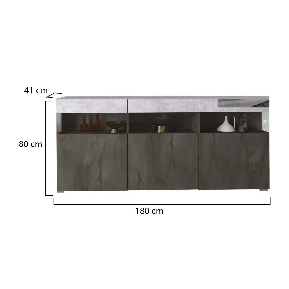 Credenza Nero Antracite Grigio Cemento 3 Ripiani 6 Vani 180x41x80h cm, 3 Ante - Fanna