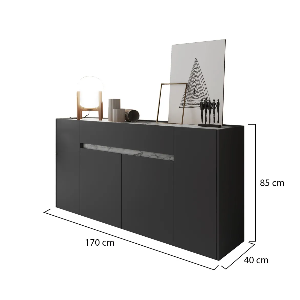 Credenza Nero Antracite Grigio un Cassetto 3 Ripiani 170x40x85h cm, Apertura Battente - Cirimido