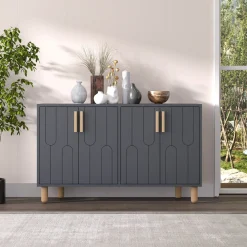 Credenza Nero Antracite Marrone Rovere 2 Ripiani 4 Ante 120x30x74h cm, 4 Vani - Venerina