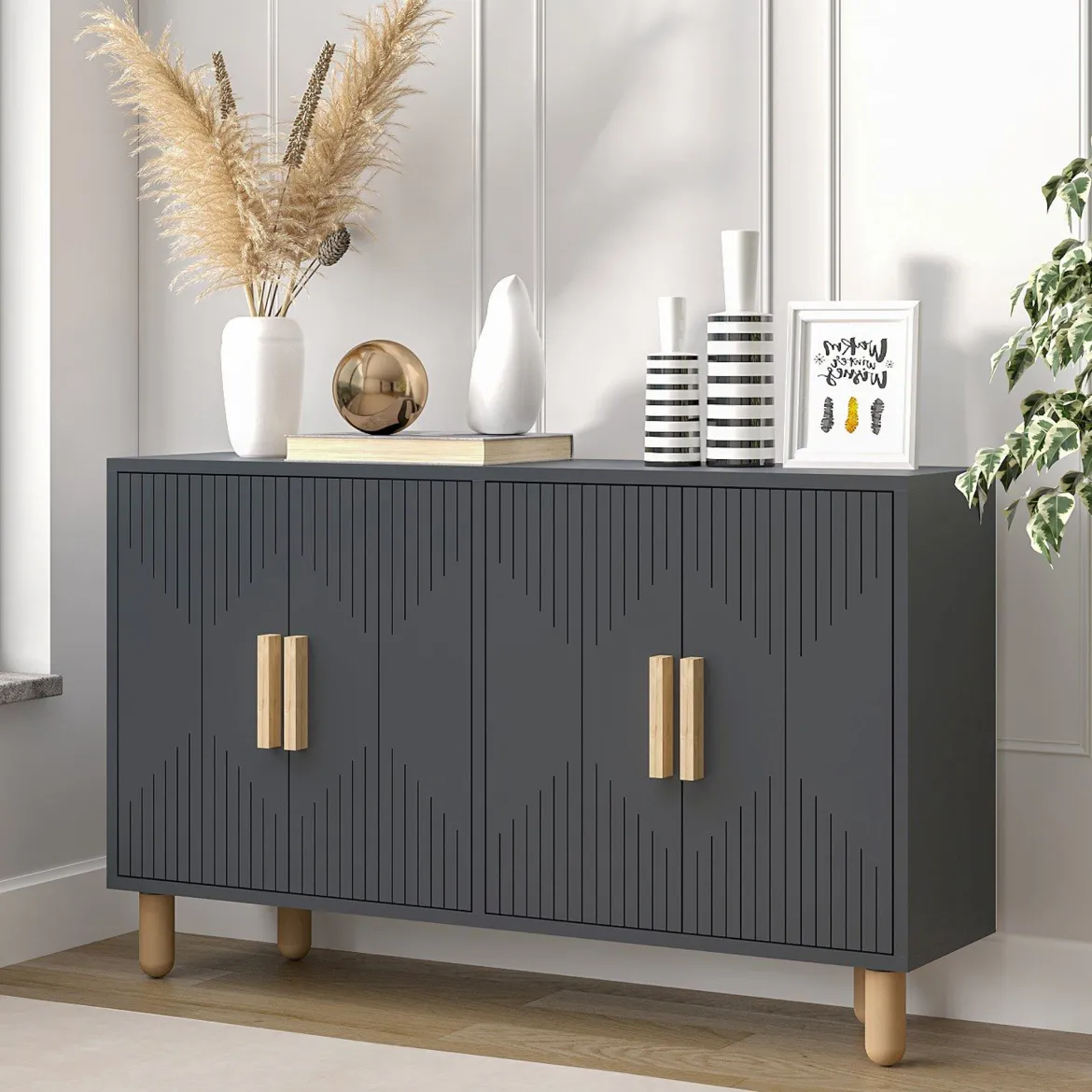 Credenza Nero Antracite Marrone Rovere 3 Ripiani 4 Ante 180x45x75h cm, 6 Vani - Cisliano
