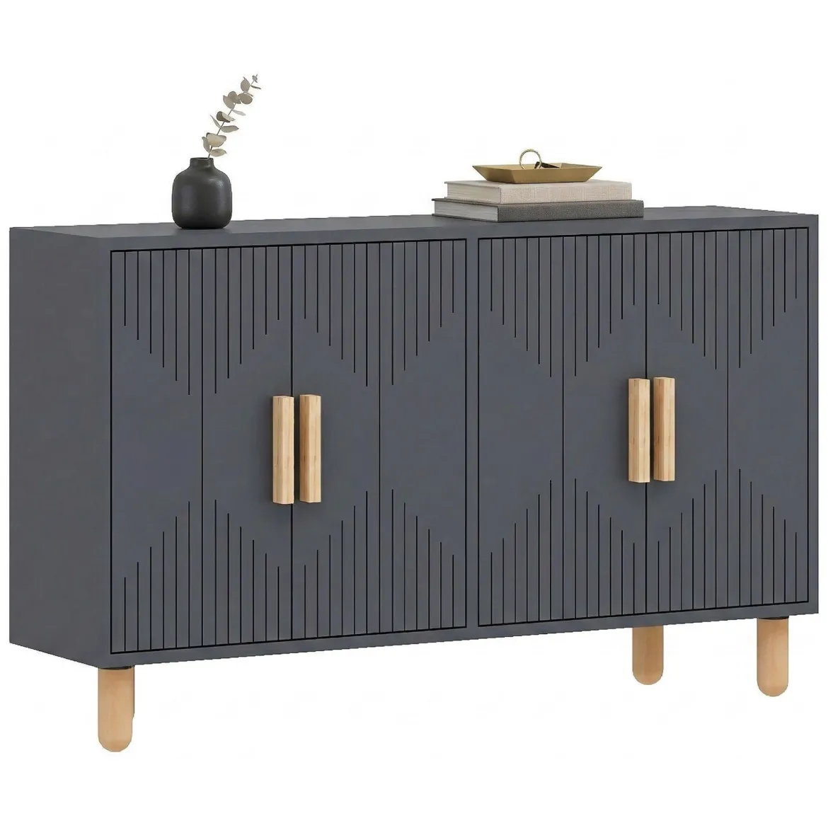 Credenza Nero Antracite Marrone Rovere 3 Ripiani 4 Ante 180x45x75h cm, 6 Vani - Cisliano