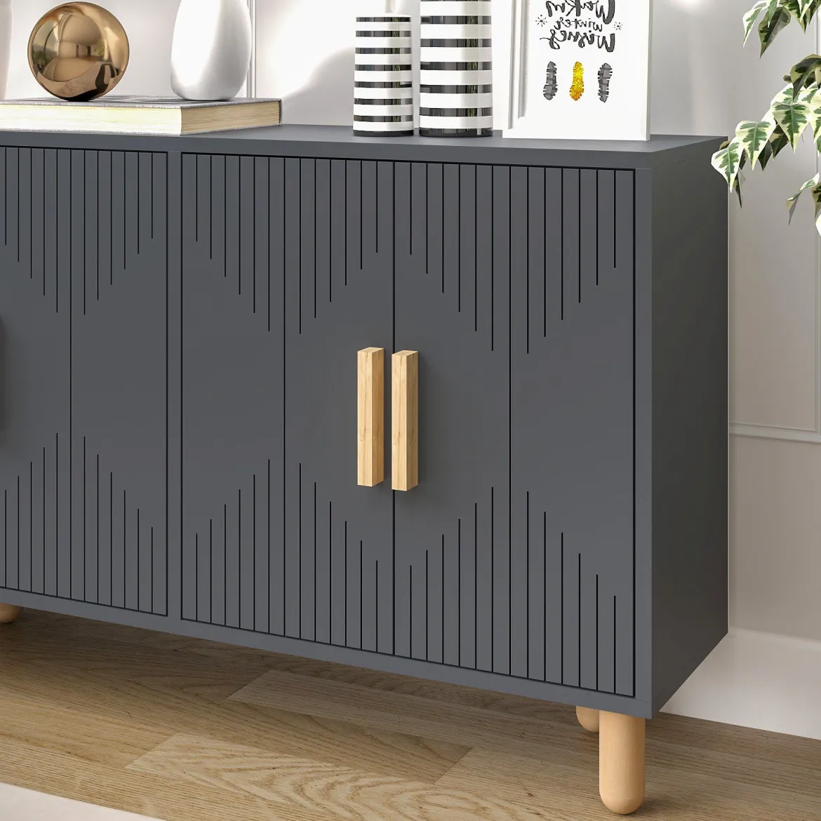 Credenza Nero Antracite Marrone Rovere 3 Ripiani 4 Ante 180x45x75h cm, 6 Vani - Cisliano