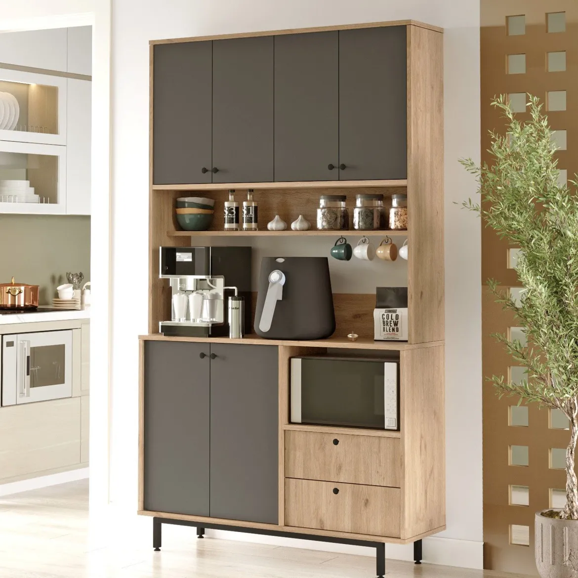 Credenza Nero Antracite Marrone Rovere 6 Ripiani Apertura Battente 160x35x70h cm, 4 Ante Made in Italy - Swink