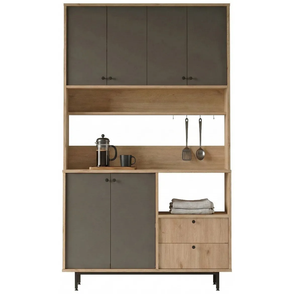Credenza Nero Antracite Marrone Rovere 6 Ripiani Apertura Battente 160x35x70h cm, 4 Ante Made in Italy - Swink