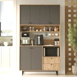 Credenza Nero Antracite Marrone Rovere 6 Ripiani Apertura Battente 160x35x70h cm, 4 Ante Made in Italy - Swink