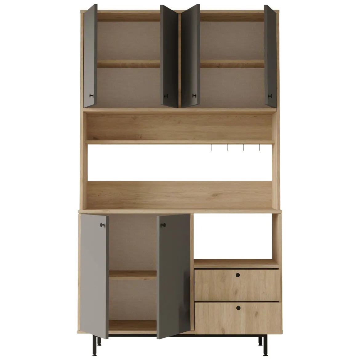 Credenza Nero Antracite Marrone Rovere 6 Ripiani Apertura Battente 160x35x70h cm, 4 Ante Made in Italy - Swink