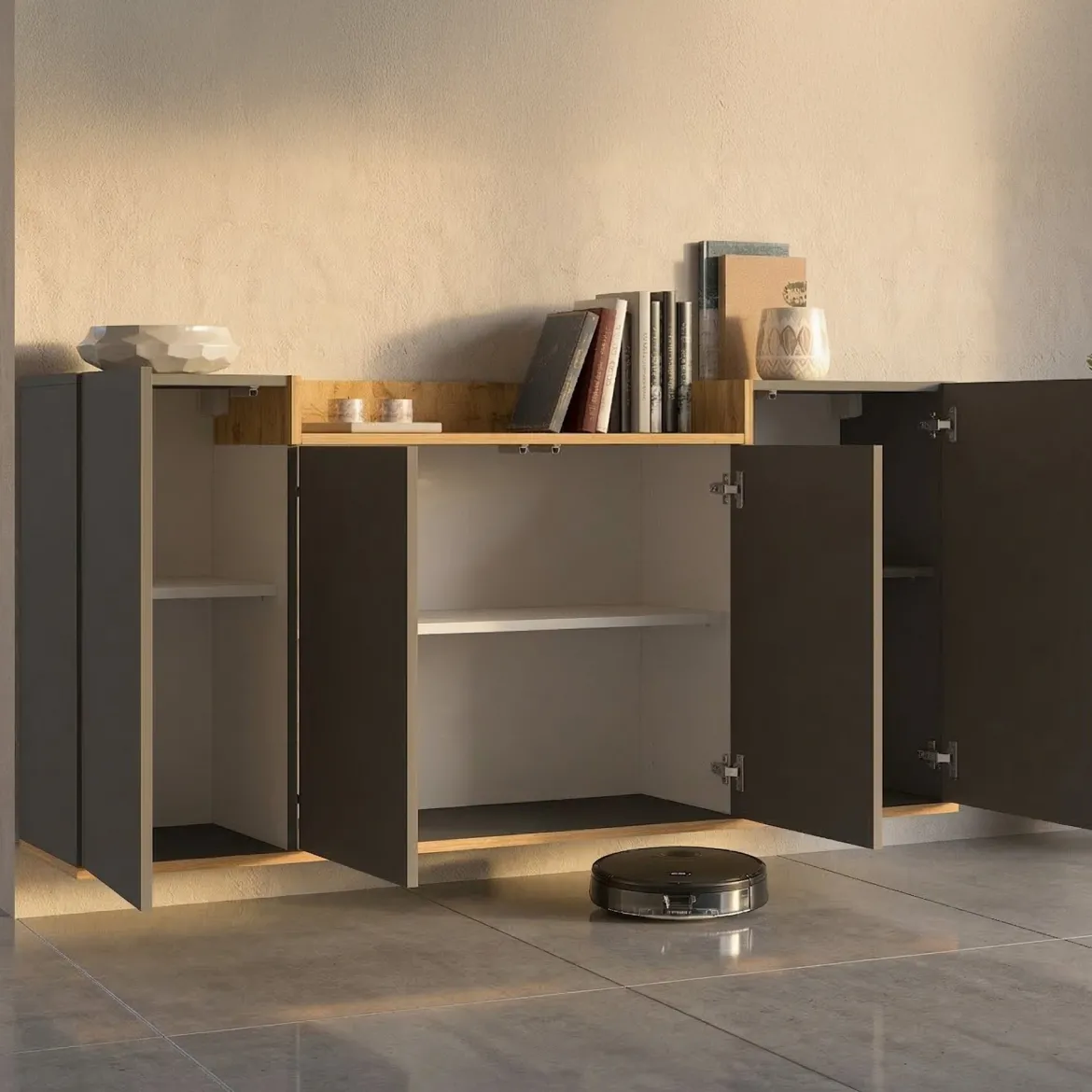 Credenza Nero Antracite Marrone Rovere 6 Ripiani Apertura Battente 160x35x70h cm, 4 Ante Made in Italy - Swink