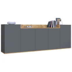 Credenza Nero Antracite Marrone Rovere 7 Ripiani Apertura Battente 200x35x70h cm, 5 Ante Made in Italy - Cordele