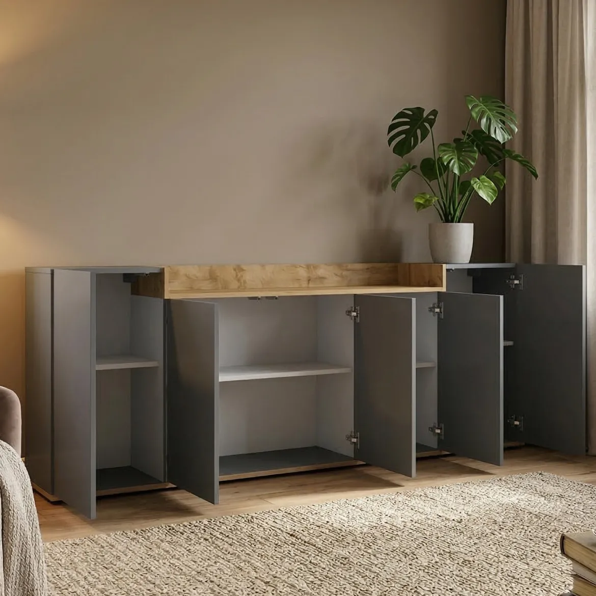 Credenza Nero Antracite Marrone Rovere 7 Ripiani Apertura Battente 200x35x70h cm, 5 Ante Made in Italy - Cordele