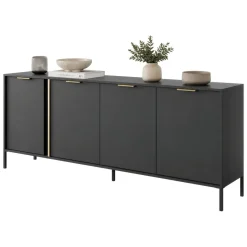 Credenza Nero Antracite oro 4 Ripiani Apertura Battente 203x40x81h cm, 4 Ante - Hamebati