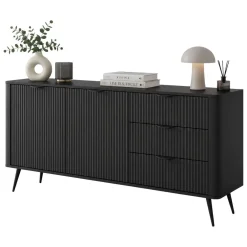 Credenza Nero 3 Cassetti 2 Ripiani 163x38x81h cm, Apertura Battente, Scorrevole - Halilala