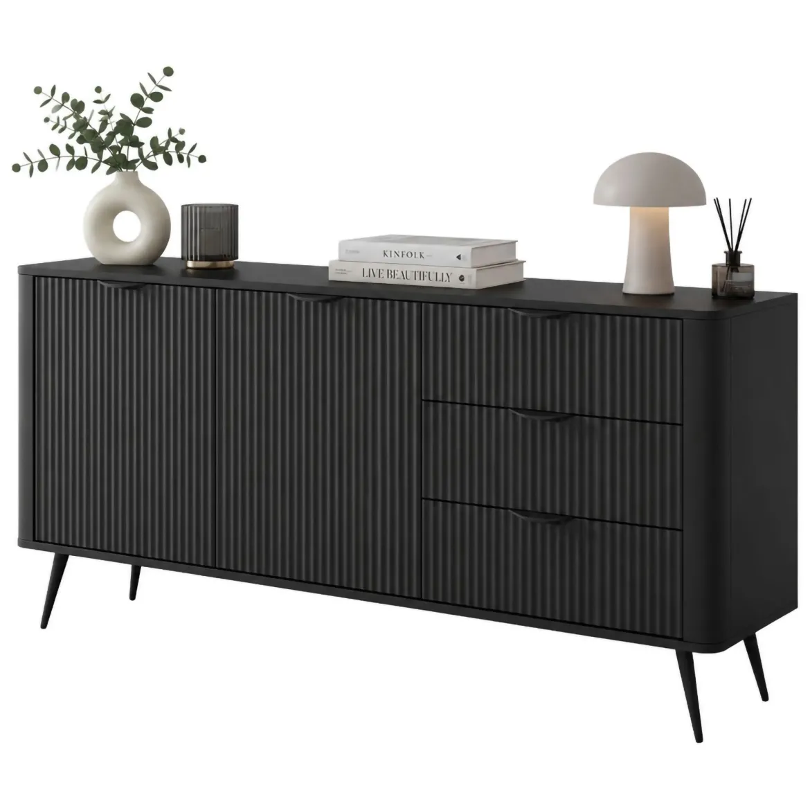 Credenza Nero 3 Cassetti 2 Ripiani 163x38x81h cm, Apertura Battente, Scorrevole - Halilala