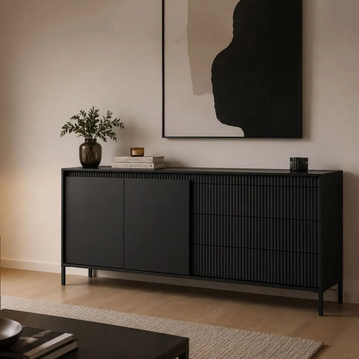 Credenza Nero 3 Cassetti 2 Ripiani 187x40x81h cm, Apertura Battente, Scorrevole - Hatone