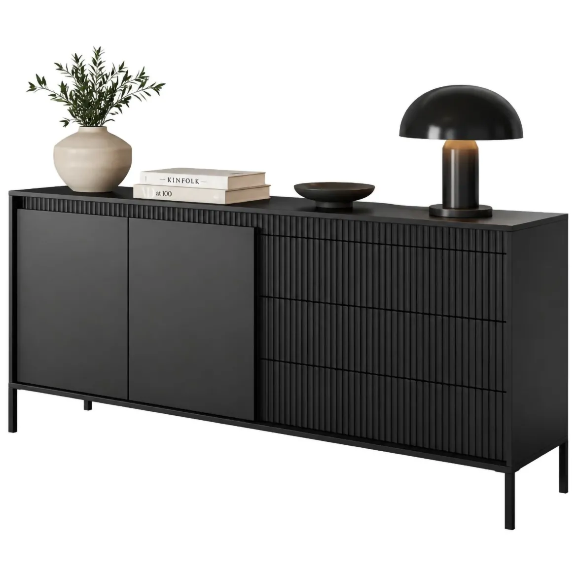 Credenza Nero 3 Cassetti 2 Ripiani 187x40x81h cm, Apertura Battente, Scorrevole - Hatone