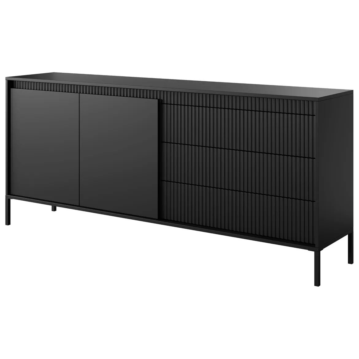 Credenza Nero 3 Cassetti 2 Ripiani 187x40x81h cm, Apertura Battente, Scorrevole - Hatone