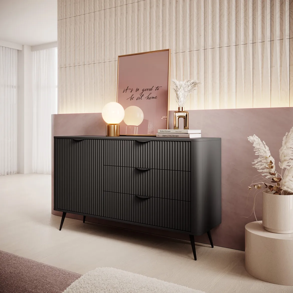 Credenza Nero 3 Cassetti un Ripiano 138x38x81h cm, Apertura Battente, Scorrevole - Halilomo