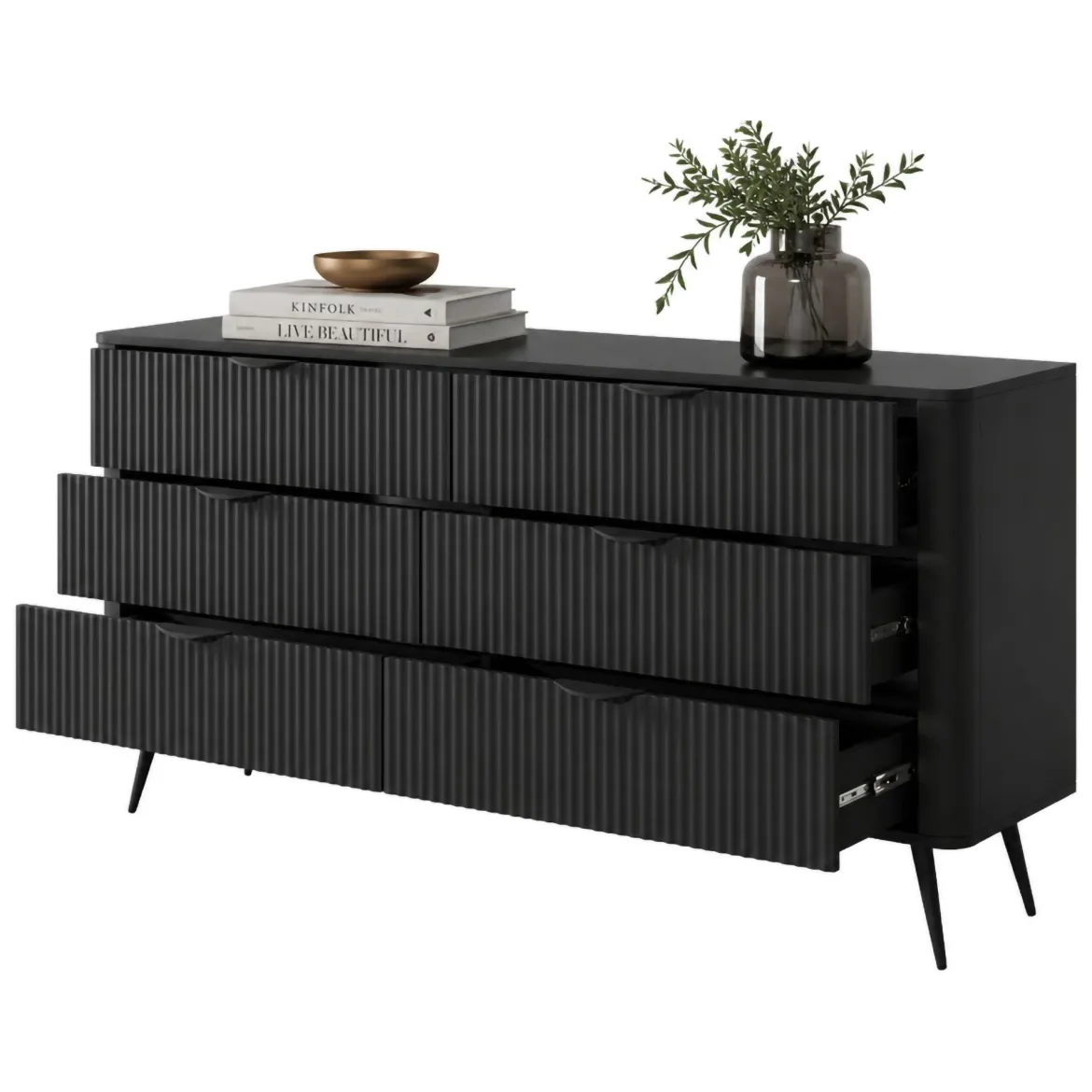 Credenza Nero 6 Cassetti un Ripiano 163x38x81h cm, Apertura Scorrevole - Hali