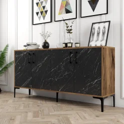 Credenza Nero Marmo Marrone Noce 2 Ripiani 4 Ante 160x35x78h cm, 4 Vani - Sinopoli