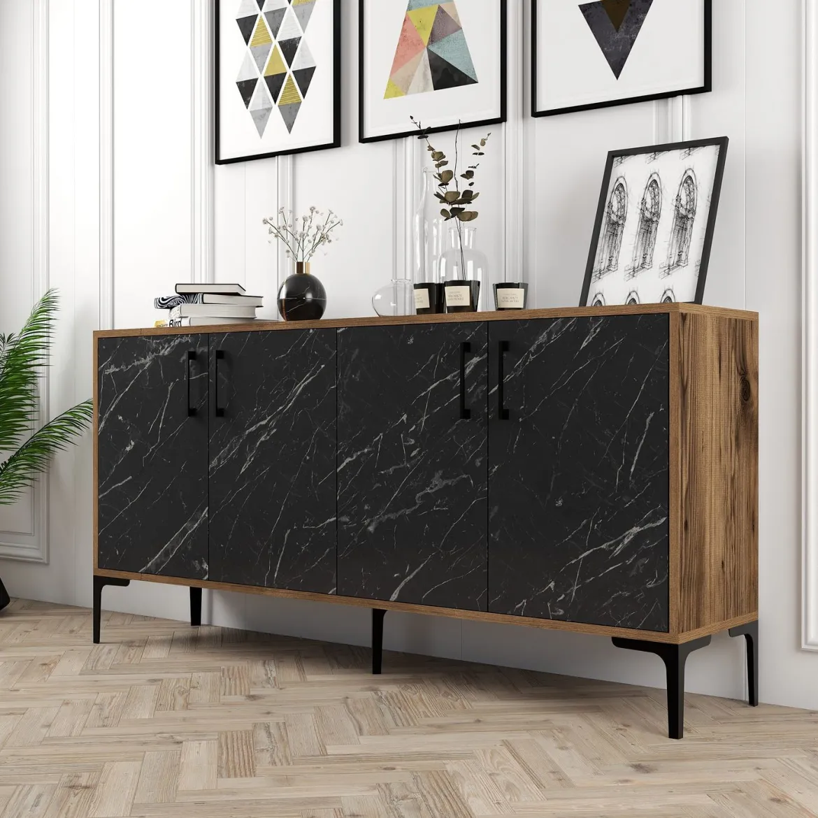 Credenza Nero Marmo Marrone Noce 2 Ripiani 4 Ante 160x35x78h cm, 4 Vani - Sinopoli