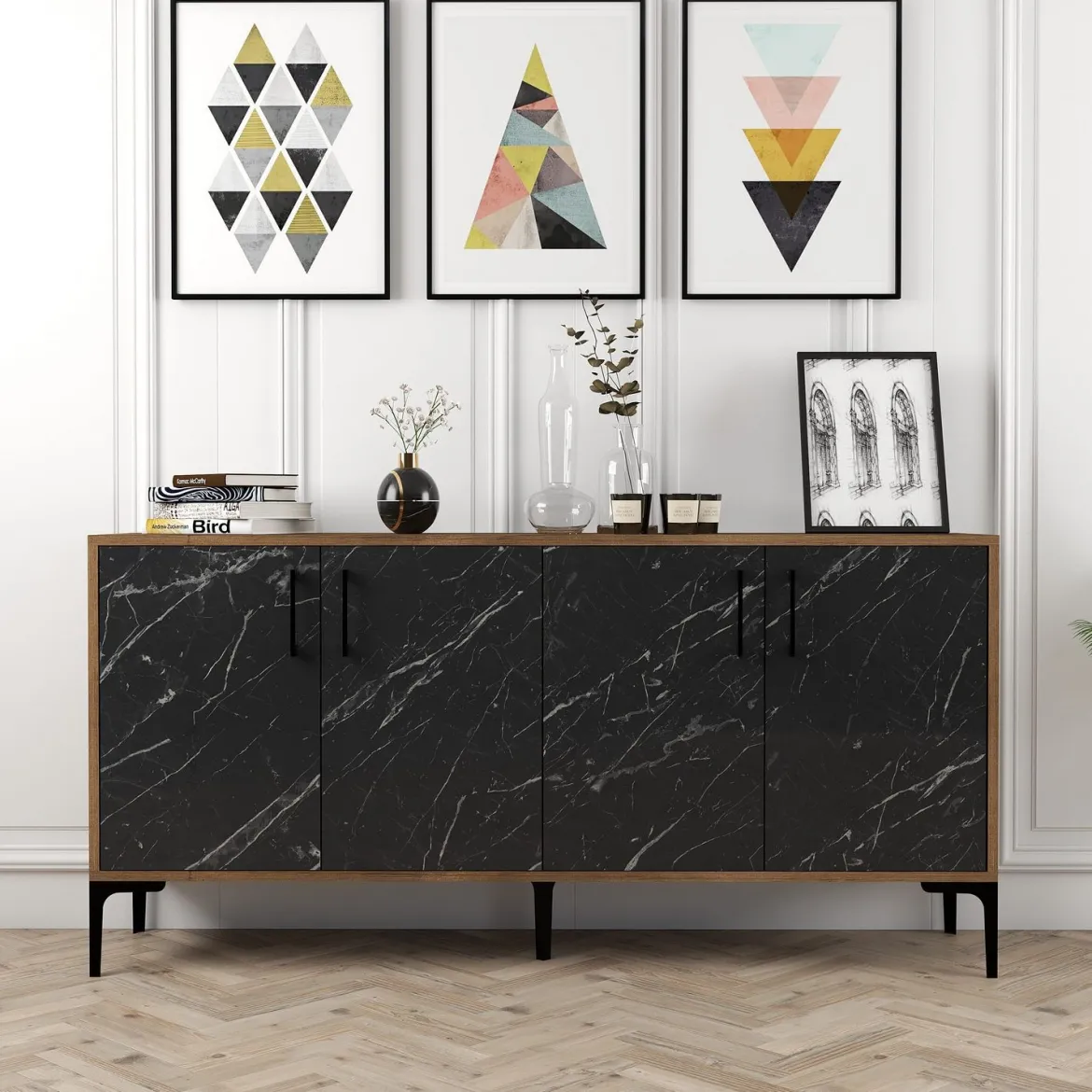 Credenza Nero Marmo Marrone Noce 2 Ripiani 4 Ante 160x35x78h cm, 4 Vani - Sinopoli