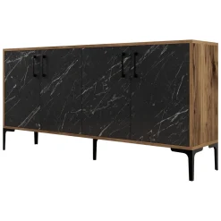 Credenza Nero Marmo Marrone Noce 2 Ripiani 4 Ante 160x35x78h cm, 4 Vani - Sinopoli