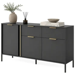 Credenza Nero oro 2 Cassetti 3 Ripiani 153x40x81h cm, Apertura Battente, Scorrevole - Hametesi