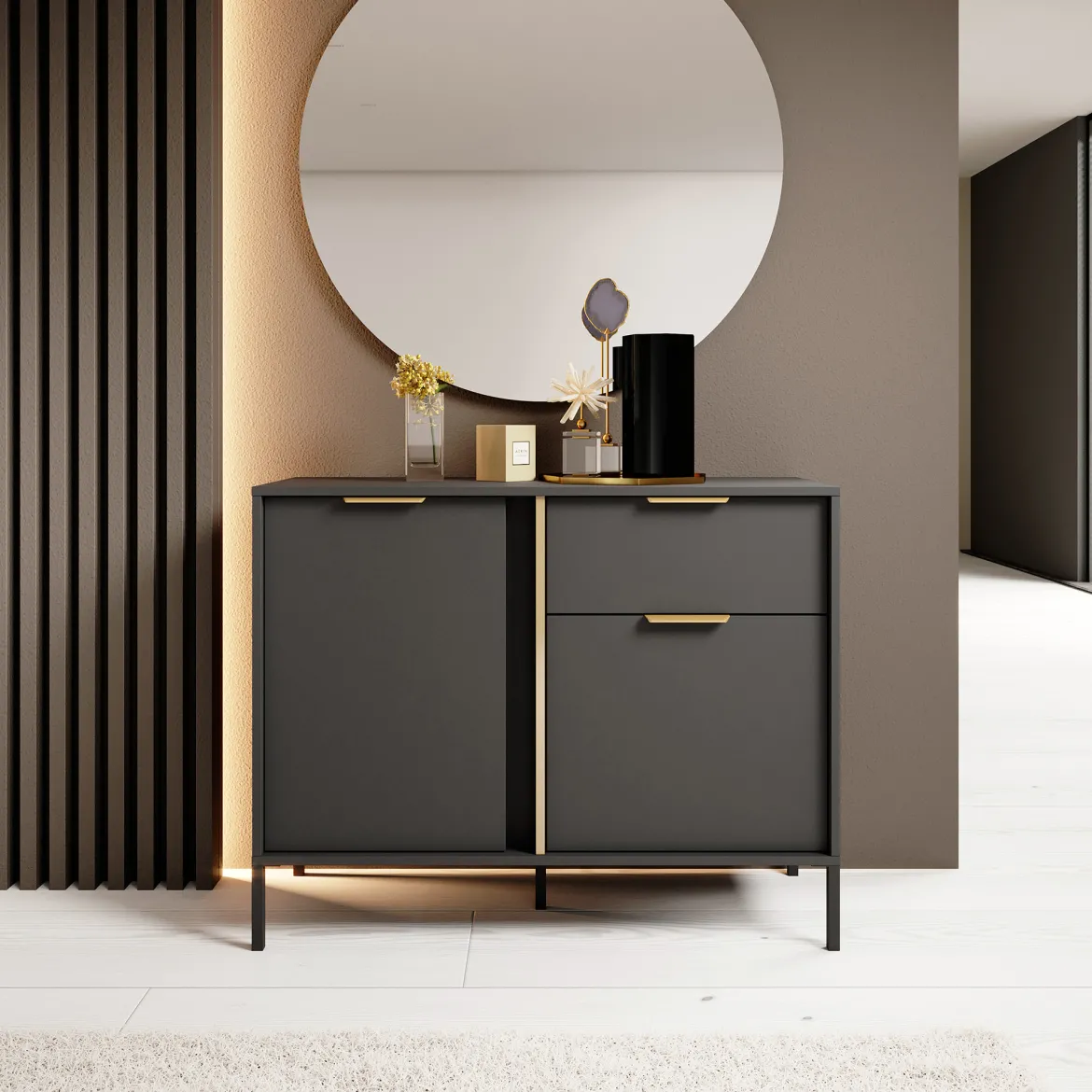 Credenza Nero oro un Cassetto 2 Ripiani 103x40x81h cm, Apertura Battente, Scorrevole - Hame