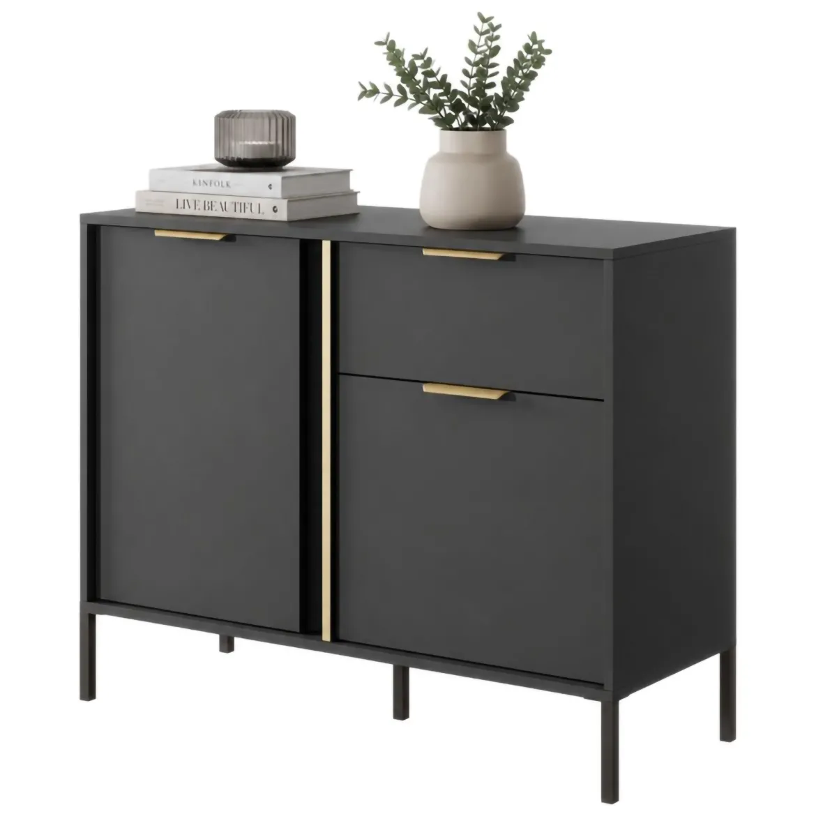 Credenza Nero oro un Cassetto 2 Ripiani 103x40x81h cm, Apertura Battente, Scorrevole - Hame