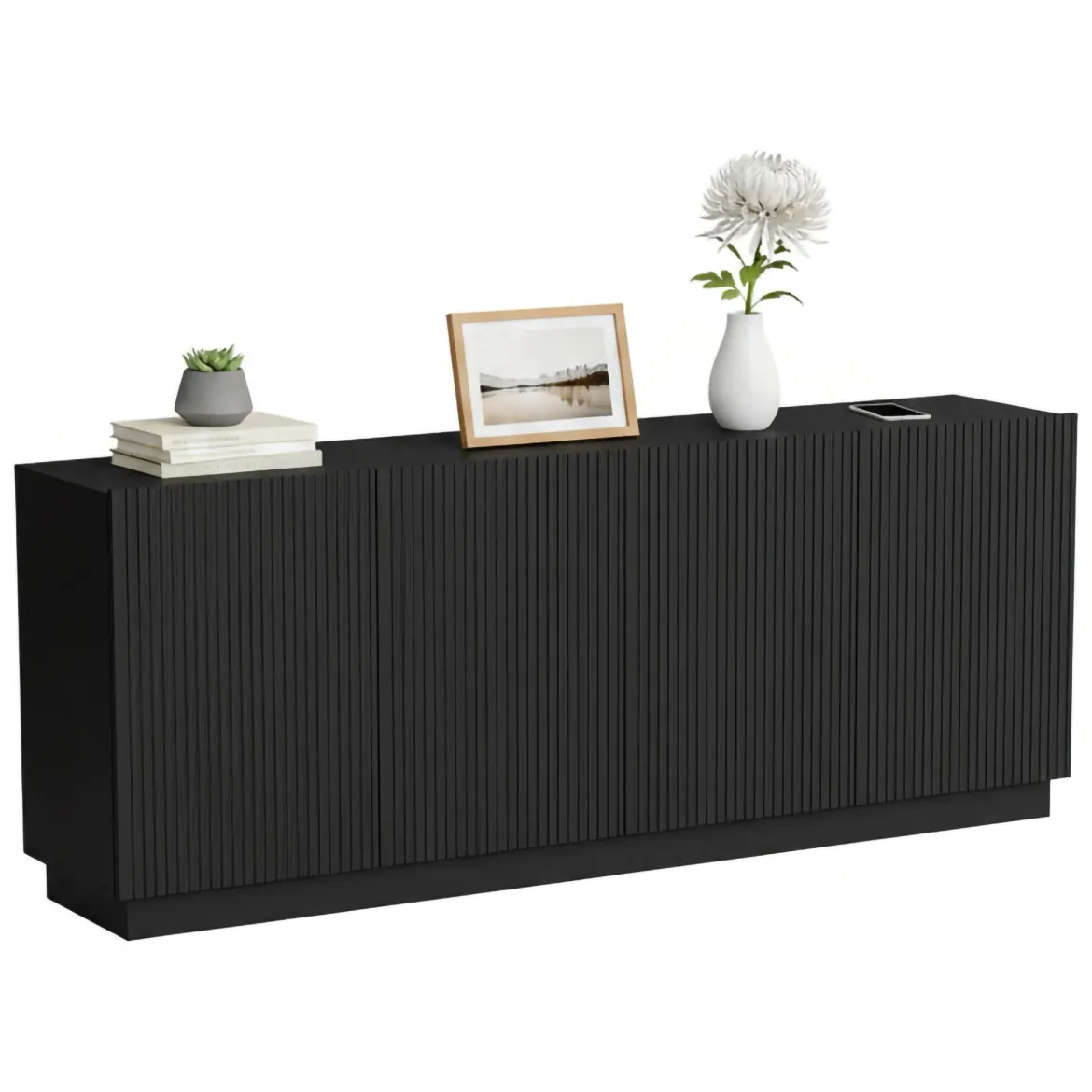 Credenza Nero 4 Ripiani 4 Ante 200x40x78h cm, 8 Vani - Masainas