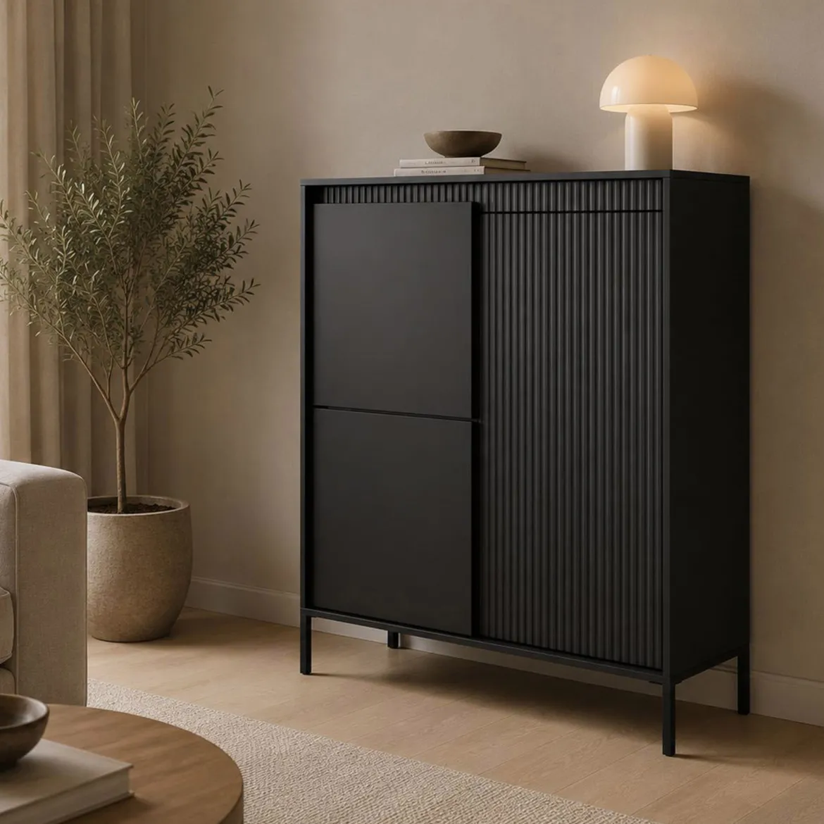 Credenza Nero 5 Ripiani Apertura Battente 104x40x123h cm, 3 Ante - Hatolaro