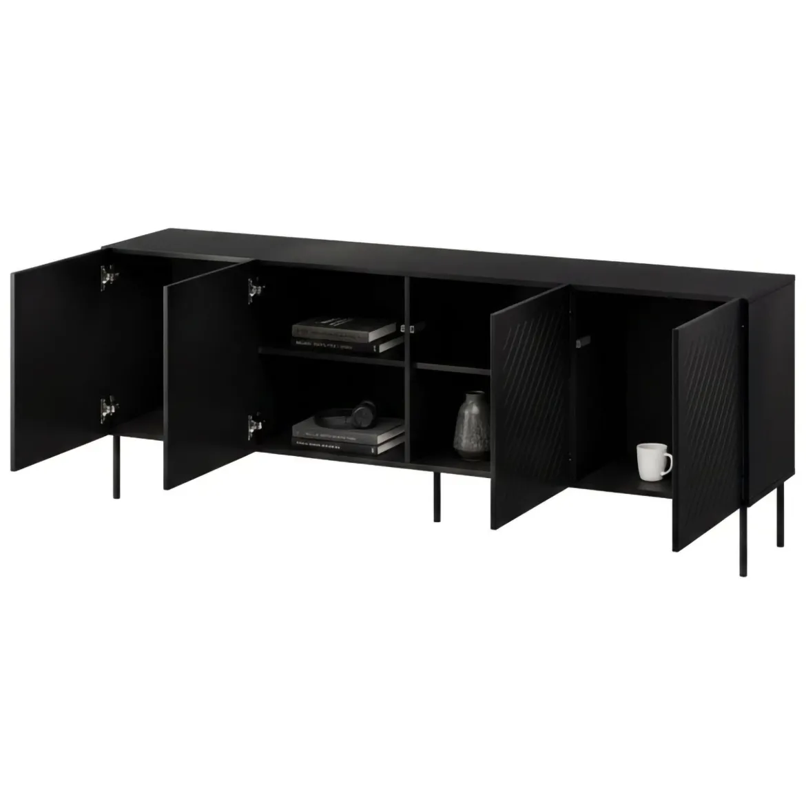Credenza Nero 2 Ripiani 6 Vani 200.5x42x75h cm, 4 Ante - Carema
