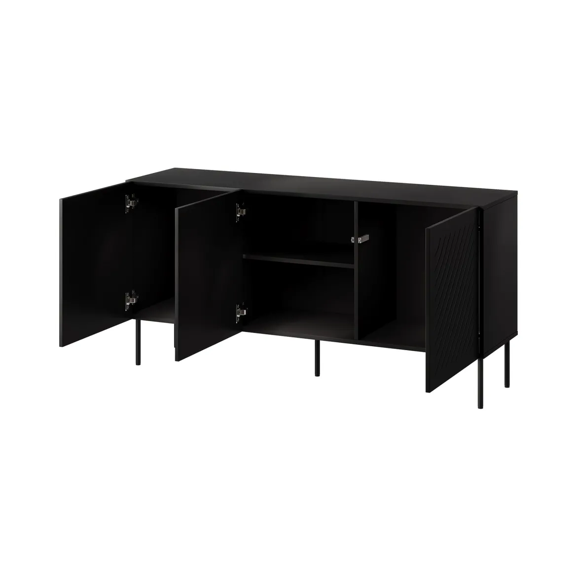 Credenza Nero un Ripiano 3 Vani 150.5x42x75h cm, 3 Ante - Stilo