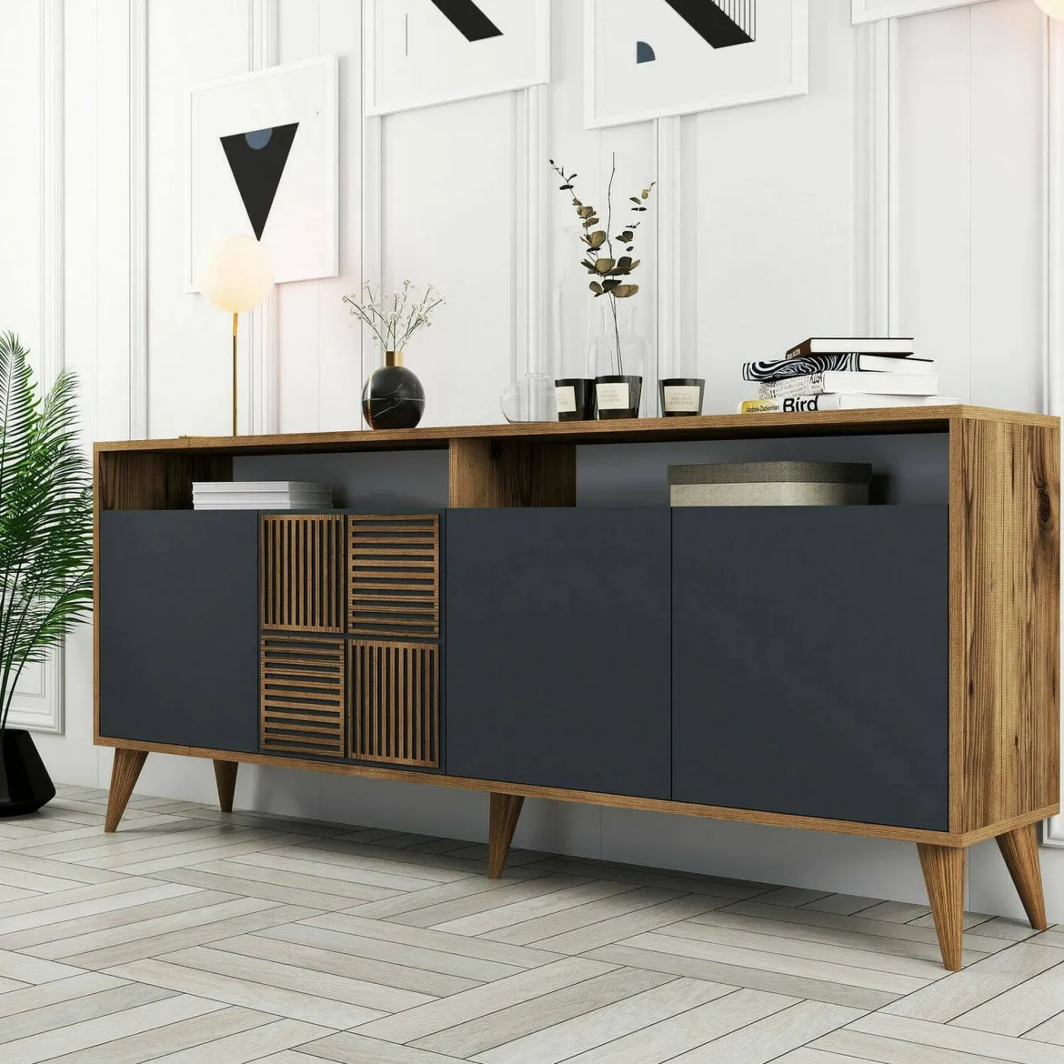 Credenza noce e antracite 180x45x80h cm 3 ante - Vardah