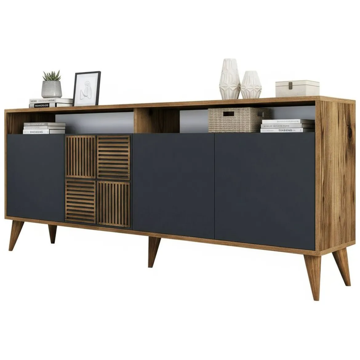 Credenza noce e antracite 180x45x80h cm 3 ante - Vardah
