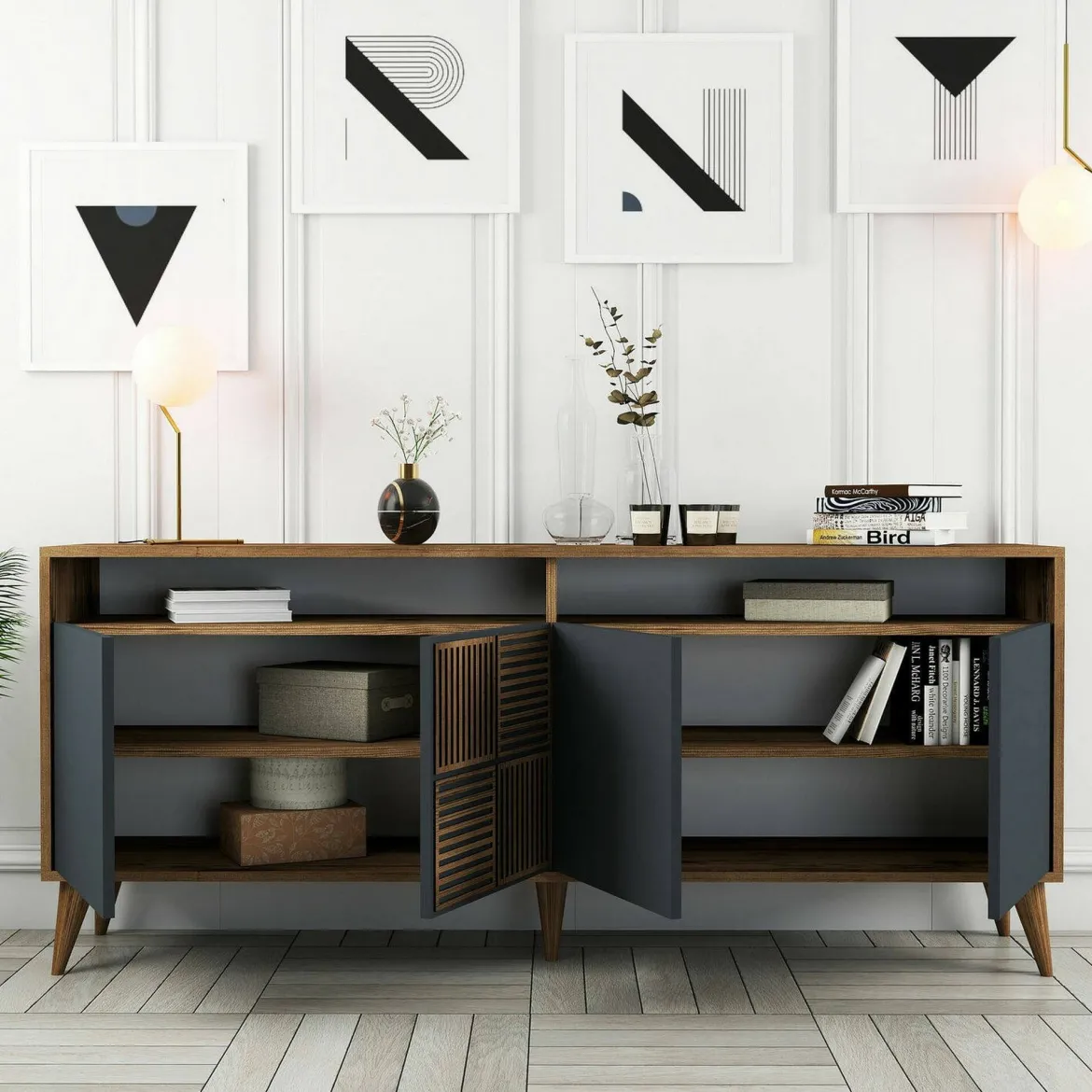 Credenza noce e antracite 180x45x80h cm 3 ante - Vardah