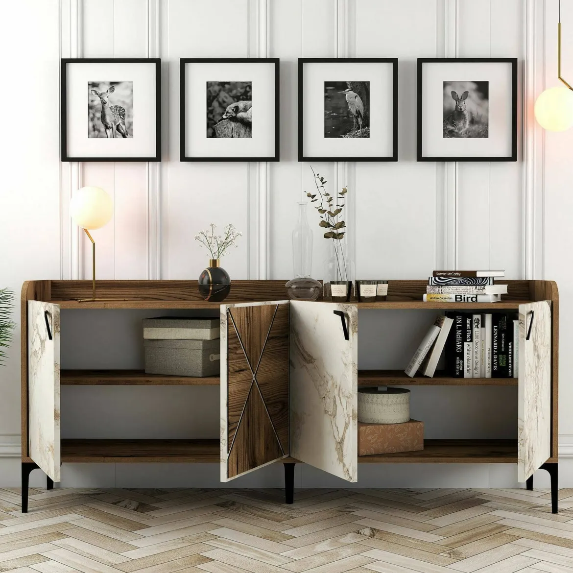 Credenza noce e bianca marmo 180x35x78h cm 3 ante - Also