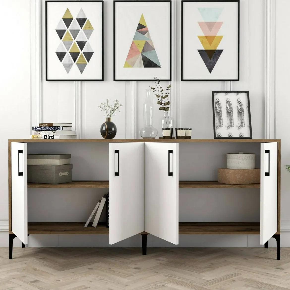 Credenza noce e bianca 180x35x78h cm 4 ante - Jole