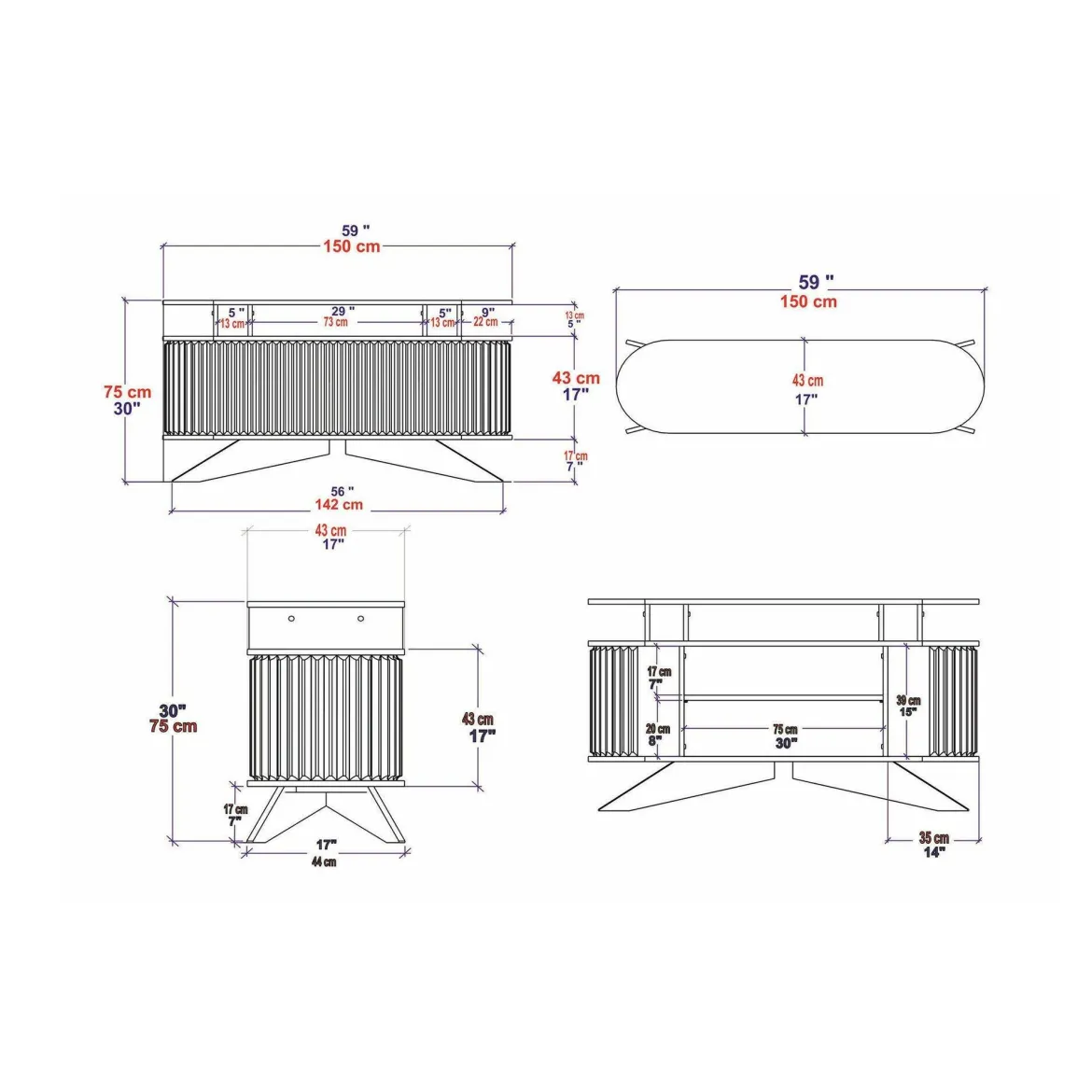 Credenza quercia e bianca 180x44x75h cm 3 ante - Aziz