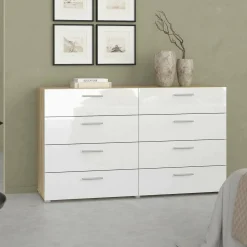 Credenza quercia e bianco lucida 140x40x81h cm 8 cassetti - Phethai
