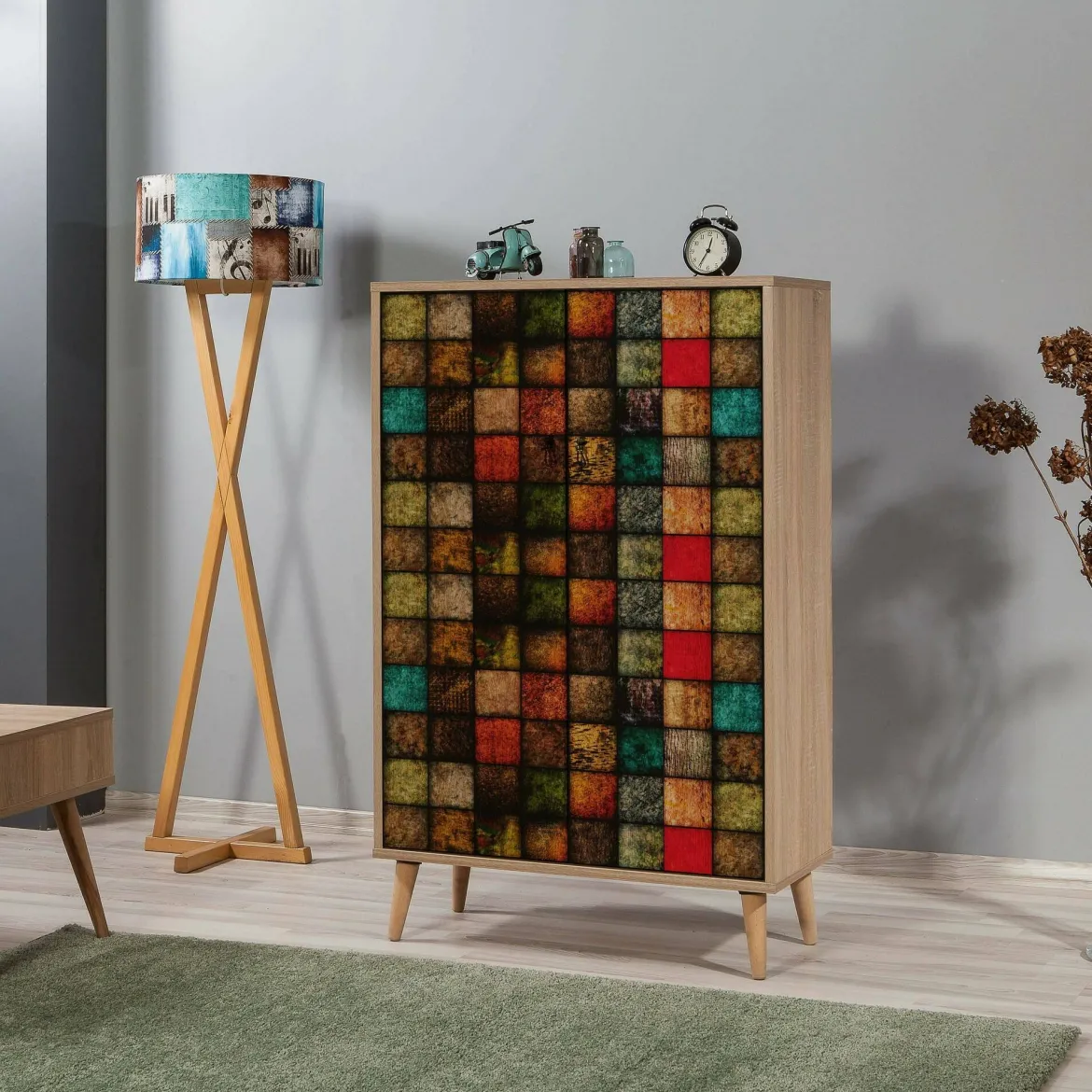 Credenza quercia e multicolore 95x36x111h cm 4 ante - Agyemang