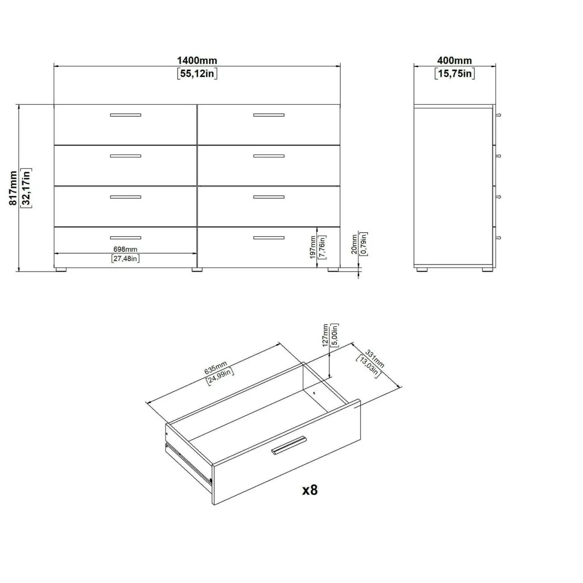 Credenza quercia 140x40x81h cm 8 cassetti - Phethai