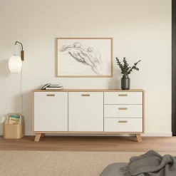 Credenza rovere e bianca 147x39x73h cm 2 ante e 3 cassetti - Pepito