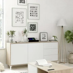 Credenza rovere e bianca 154x41x75h cm 2 ante e 3 cassetti - Ardelia