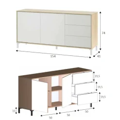 Credenza rovere e bianca 155x39x92h cm 6 cassetti - Chito