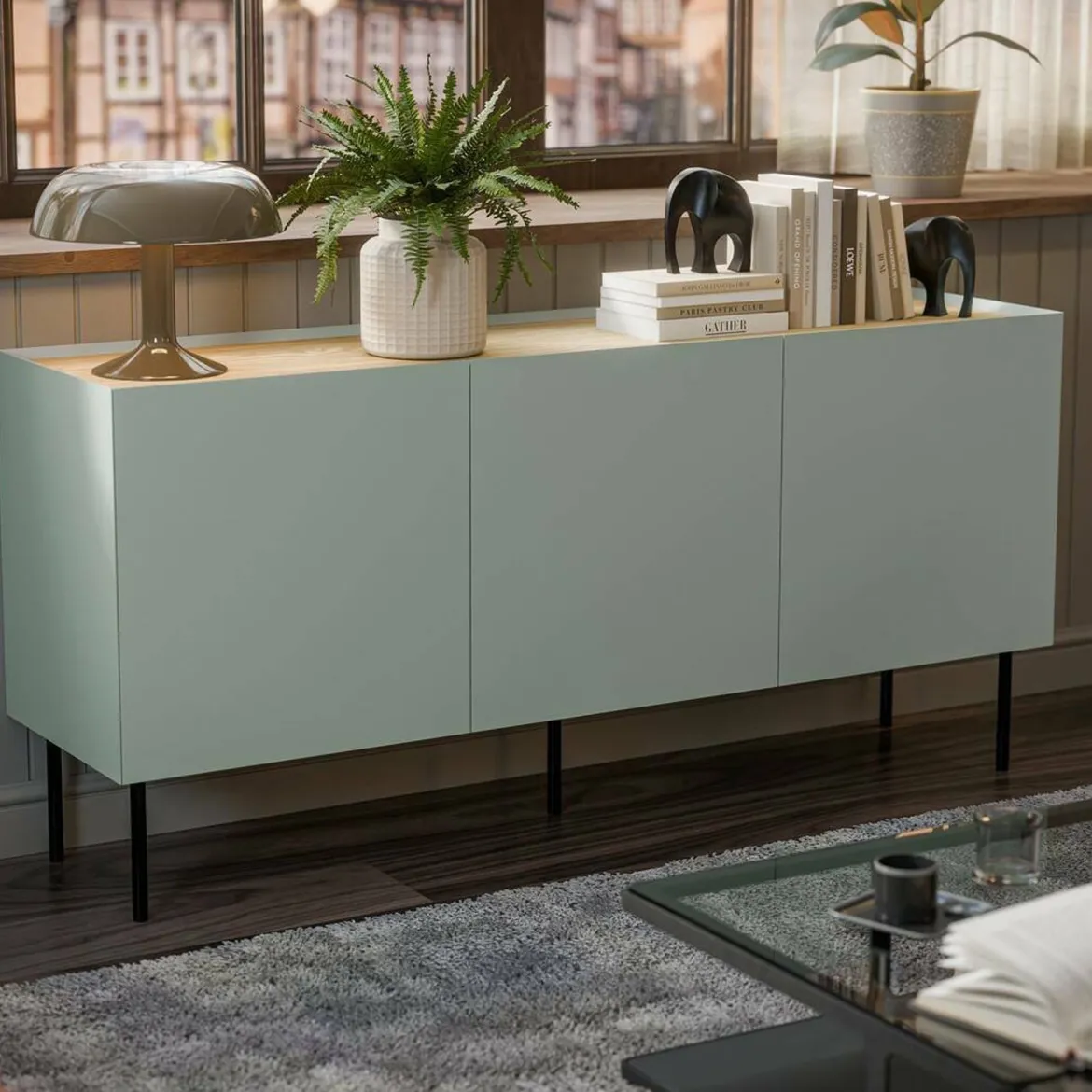 Credenza verde e rovere 150x40x70h cm 3 ante - Verrone