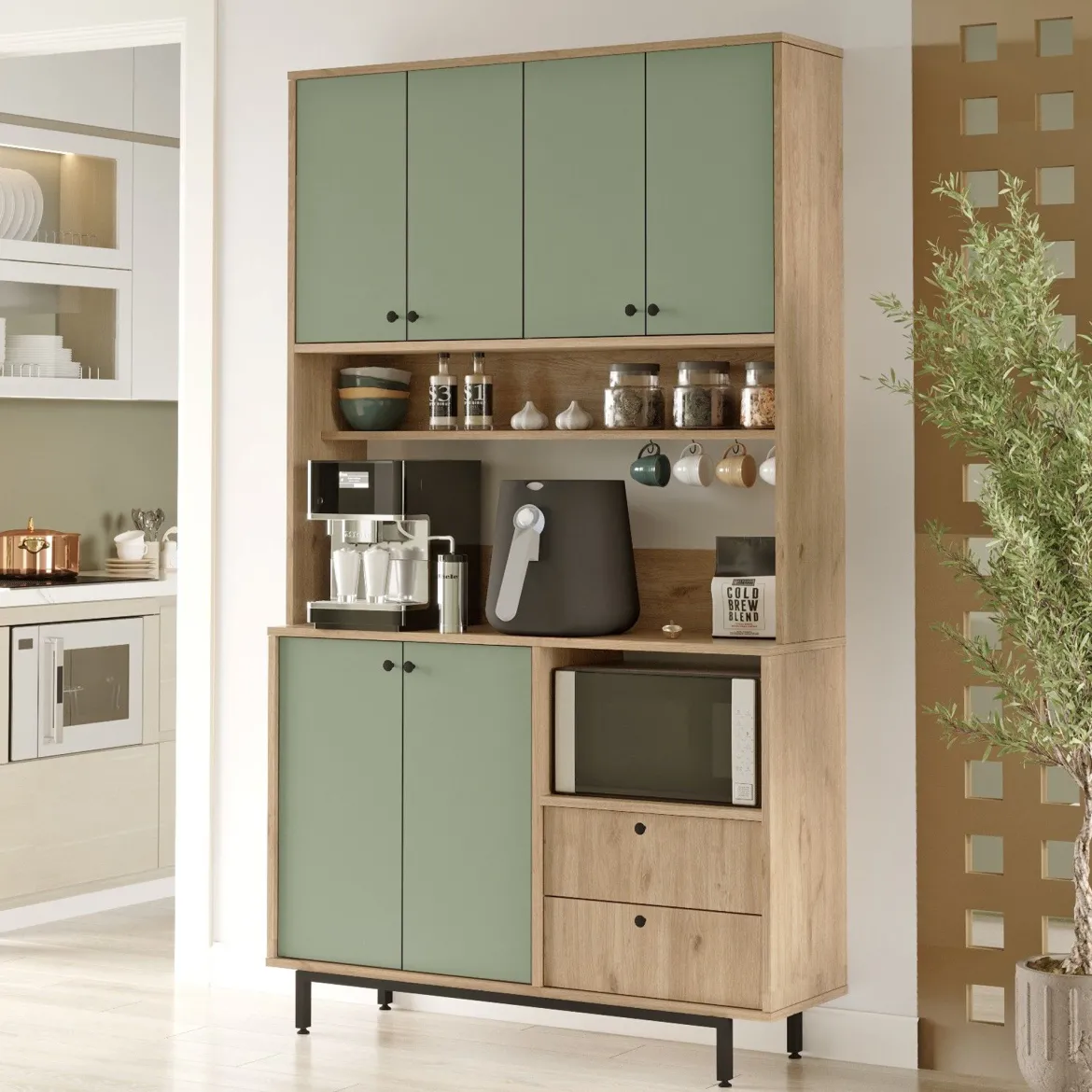 Credenza Verde Marrone Rovere 2 Cassetti 4 Ripiani 120x36x205h cm, Apertura Battente, Scorrevole - Pianella