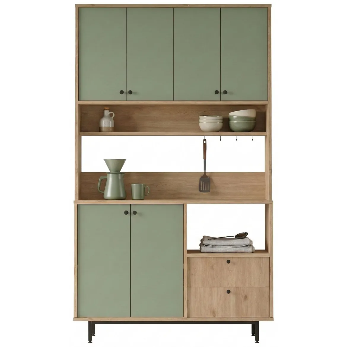 Credenza Verde Marrone Rovere 2 Cassetti 4 Ripiani 120x36x205h cm, Apertura Battente, Scorrevole - Pianella